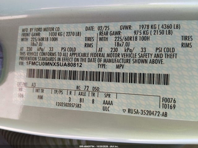 Aukcja sprzedaży 2025 Ford Escape St-line, vin: 1FMCU0MNXSUA80812, numer aukcji: 46405794
