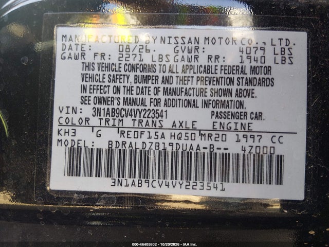 Продаж на аукціоні авто 2027 Nissan Sentra, vin: 3N1AB9CV4VY223541, номер лоту: 46405802