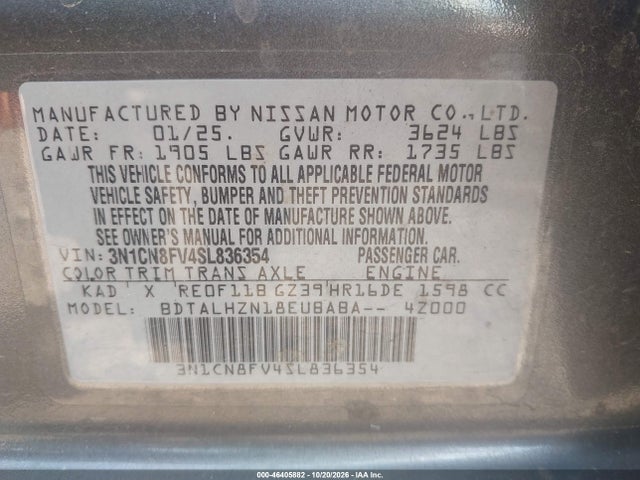 Продаж на аукціоні авто 2025 Nissan Versa 1.6 Sr, vin: 3N1CN8FV4SL836354, номер лоту: 46405882