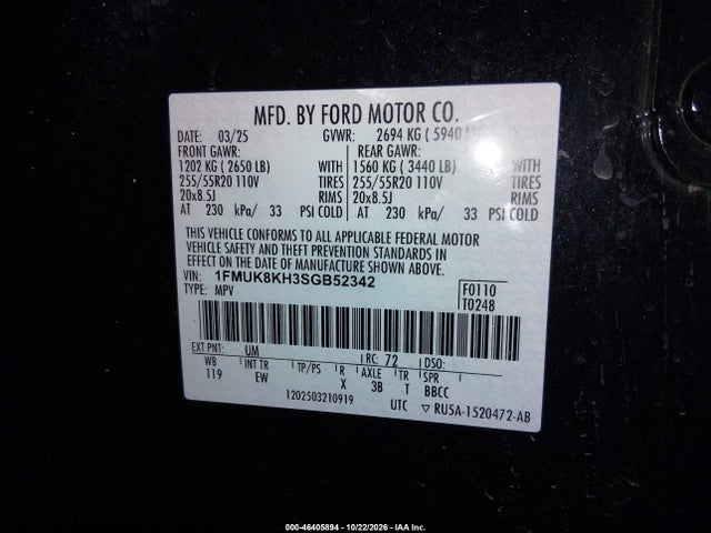 46405894 :رقم المزاد ، 1FMUK8KH3SGB52342 vin ، 2025 Ford Explorer St-line مزاد بيع