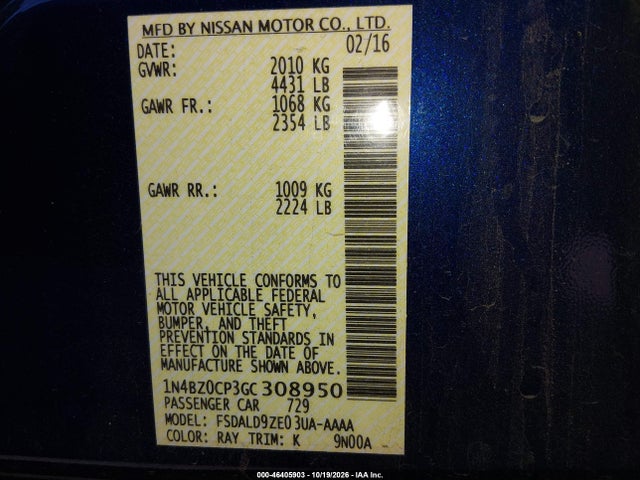 Продаж на аукціоні авто 2016 Nissan Leaf Sv, vin: 1N4BZ0CP3GC308950, номер лоту: 46405903