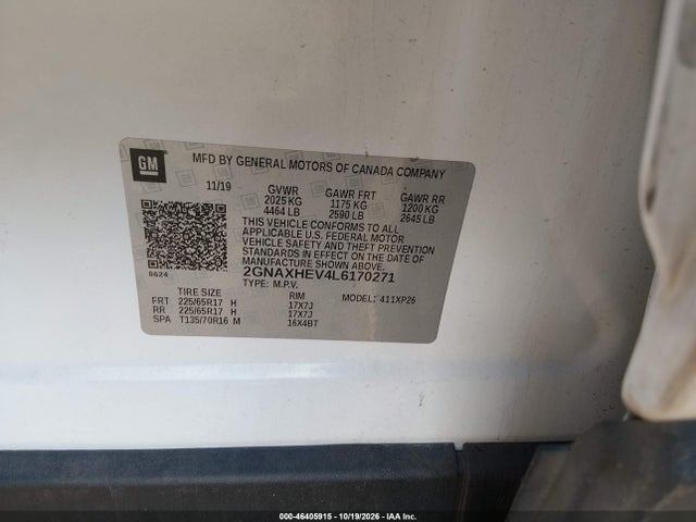 Aukcja sprzedaży 2020 Chevrolet Equinox Fwd Ls, vin: 2GNAXHEV4L6170271, numer aukcji: 46405915