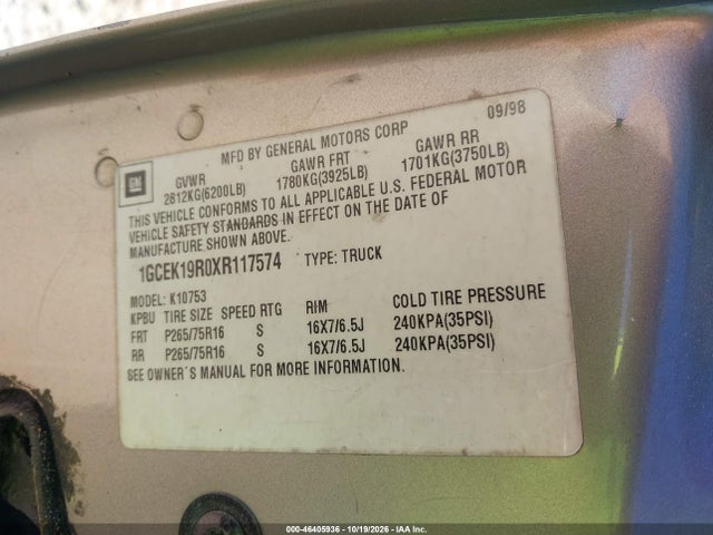 Aukcja sprzedaży 1999 Chevrolet K1500 Ls, vin: 1GCEK19R0XR117574, numer aukcji: 46405936