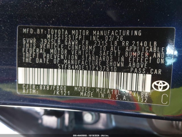 46405958 :رقم المزاد ، 5YFB4MDE1TP437610 vin ، 2026 Toyota Corolla Le مزاد بيع