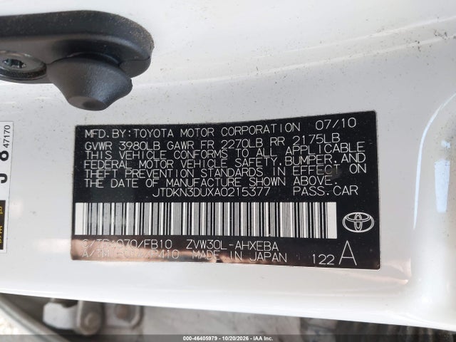 Aukcja sprzedaży 2010 Toyota Prius Iii, vin: JTDKN3DUXA0215377, numer aukcji: 46405979
