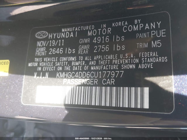 Aukcja sprzedaży 2012 Hyundai Genesis 3.8, vin: KMHGC4DD6CU177977, numer aukcji: 46405990
