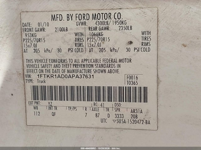 Продажа на аукционе авто 2010 Ford Ranger Xl/xlt, vin: 1FTKR1AD0APA37631, номер лота: 46405992