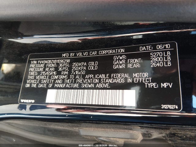 Продаж на аукціоні авто 2011 Volvo Xc70 3.2, vin: YV4940BZXB1096298, номер лоту: 46406011