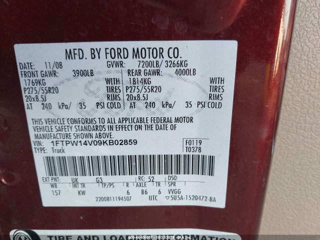 2009 Ford F-150 Fx4/king Ranch/lariat/platinum/xl/xlt მანქანა იყიდება აუქციონზე, vin: 1FTPW14V09KB02859, აუქციონის ნომერი: 46406017