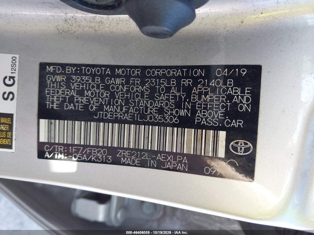 46406059 :رقم المزاد ، JTDEPRAE1LJ035306 vin ، 2020 Toyota Corolla Le مزاد بيع
