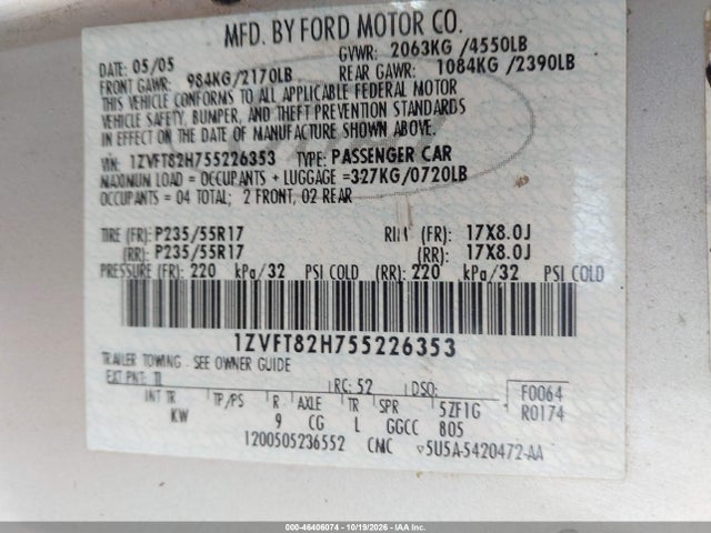 Продаж на аукціоні авто 2005 Ford Mustang Gt Deluxe/gt Premium, vin: 1ZVFT82H755226353, номер лоту: 46406074