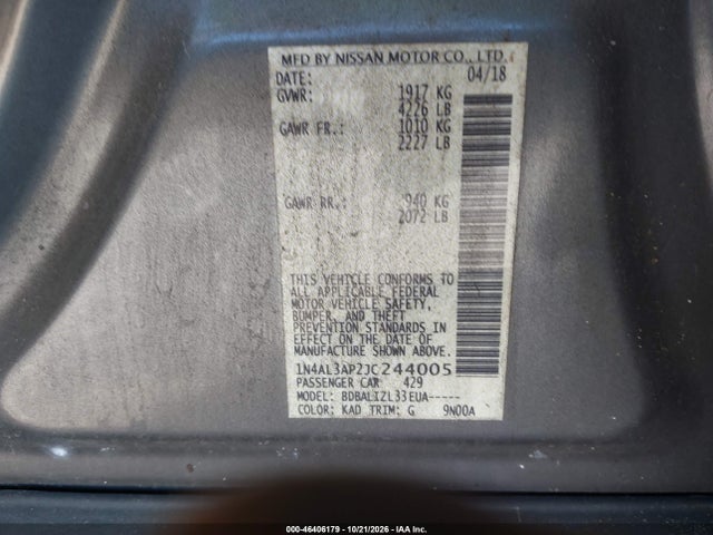 Aukcja sprzedaży 2018 Nissan Altima 2.5 Sv, vin: 1N4AL3AP2JC244005, numer aukcji: 46406179