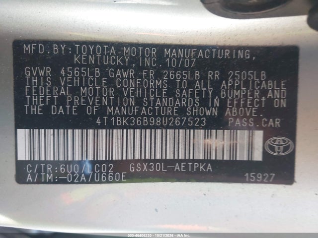 2008 Toyota Avalon Limited მანქანა იყიდება აუქციონზე, vin: 4T1BK36B98U267523, აუქციონის ნომერი: 46406230