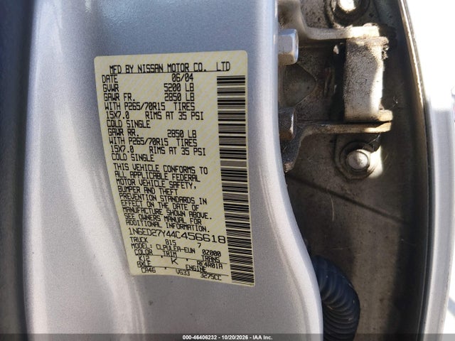 Продаж на аукціоні авто 2004 Nissan Frontier Xe-v6, vin: 1N6ED27Y44C456618, номер лоту: 46406232