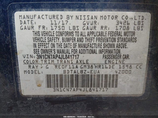 Продаж на аукціоні авто 2018 Nissan Versa 1.6 Sv, vin: 3N1CN7AP4JL841717, номер лоту: 46406293