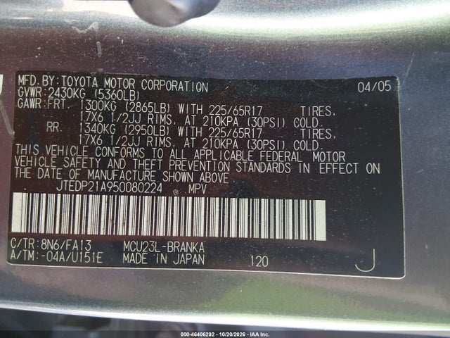 46406292 :رقم المزاد ، JTEDP21A950080224 vin ، 2005 Toyota Highlander Limited V6 مزاد بيع