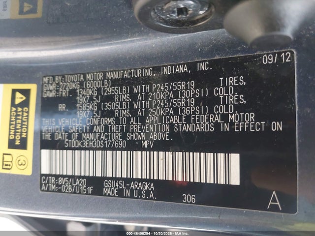 Aukcja sprzedaży 2013 Toyota Highlander Limited V6, vin: 5TDDK3EH3DS177690, numer aukcji: 46406294
