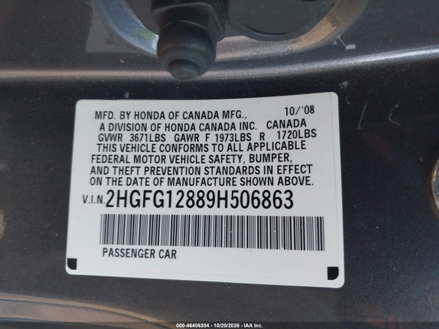 Продажа на аукционе авто 2009 Honda Civic Ex, vin: 2HGFG12889H506863, номер лота: 46406304