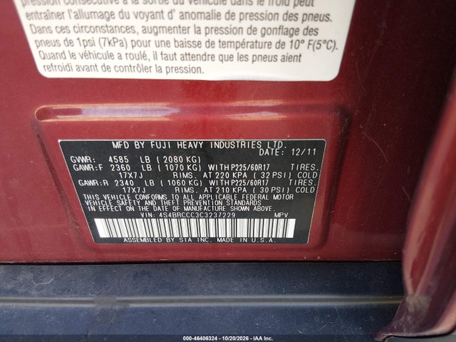 Aukcja sprzedaży 2012 Subaru Outback 2.5i Premium, vin: 4S4BRCCC3C3237229, numer aukcji: 46406324