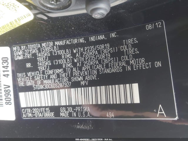 46406361 :رقم المزاد ، 5TDXK3DC6DS287927 vin ، 2013 Toyota Sienna Se 8 Passenger مزاد بيع