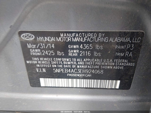 46406386 :رقم المزاد ، 5NPEB4AC3EH924068 vin ، 2014 Hyundai Sonata Gls مزاد بيع