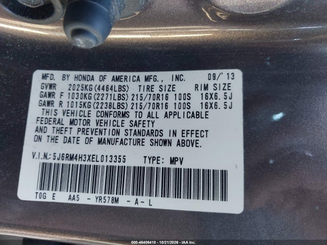 46406410 :رقم المزاد ، 5J6RM4H3XEL013355 vin ، 2014 Honda Cr-v Lx مزاد بيع