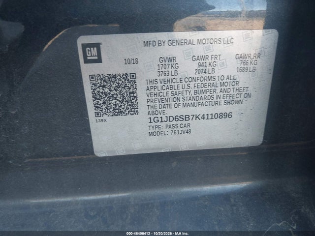 Aukcja sprzedaży 2019 Chevrolet Sonic Lt Auto, vin: 1G1JD6SB7K4110896, numer aukcji: 46406412