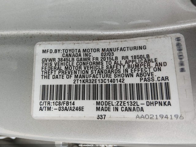 Продажа на аукционе авто 2003 Toyota Matrix Xr, vin: 2T1KR32E13C140142, номер лота: 46406428