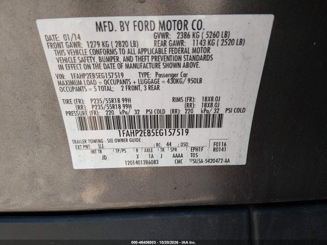 Продажа на аукционе авто 2014 Ford Taurus Sel, vin: 1FAHP2E85EG157519, номер лота: 46406503