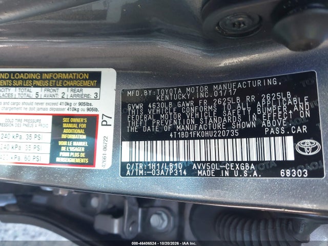 46406524 :رقم المزاد ، 4T1BD1FK0HU220735 vin ، 2017 Toyota Camry Hybrid Xle مزاد بيع