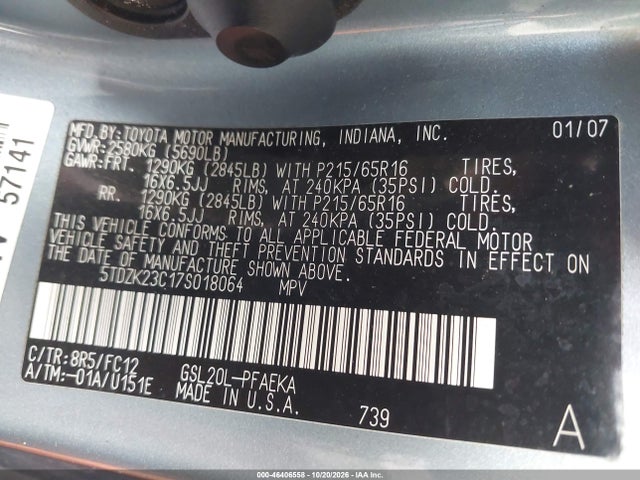 Aukcja sprzedaży 2007 Toyota Sienna Le, vin: 5TDZK23C17S018064, numer aukcji: 46406558
