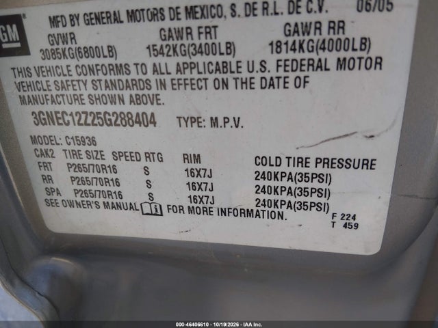 Aukcja sprzedaży 2005 Chevrolet Avalanche 1500 Ls, vin: 3GNEC12Z25G288404, numer aukcji: 46406610
