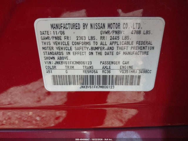 Aukcja sprzedaży 2007 Infiniti G35x, vin: JNKBV61FX7M806123, numer aukcji: 46406647