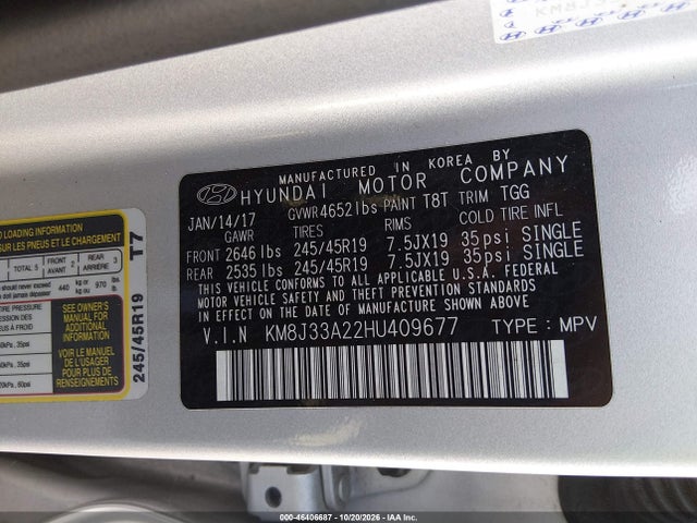46406687 :رقم المزاد ، KM8J33A22HU409677 vin ، 2017 Hyundai Tucson Sport مزاد بيع