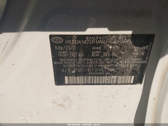 2017 Hyundai Elantra Se მანქანა იყიდება აუქციონზე, vin: 5NPD74LF3HH209073, აუქციონის ნომერი: 46406769