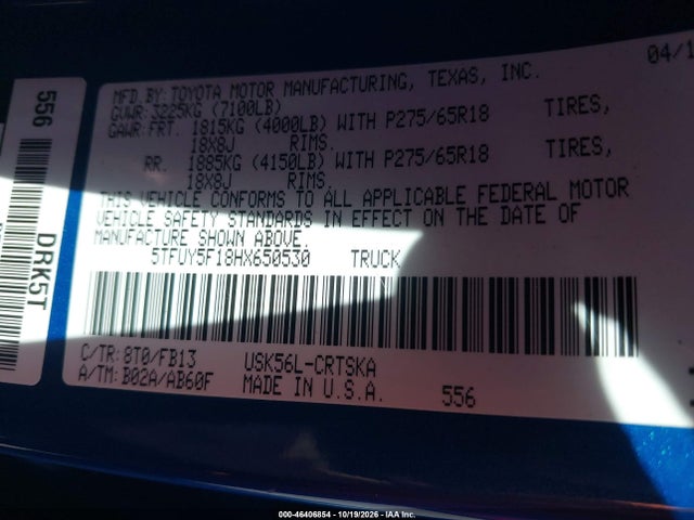 46406854 :رقم المزاد ، 5TFUY5F18HX650530 vin ، 2017 Toyota Tundra Sr5 5.7l V8 مزاد بيع