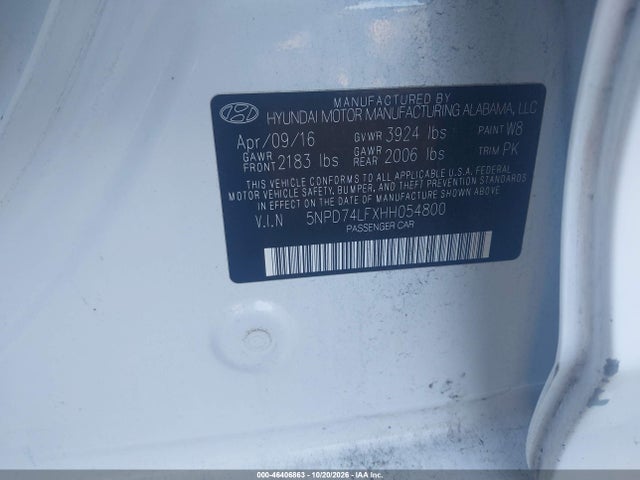 46406863 :رقم المزاد ، 5NPD74LFXHH054800 vin ، 2017 Hyundai Elantra Se مزاد بيع
