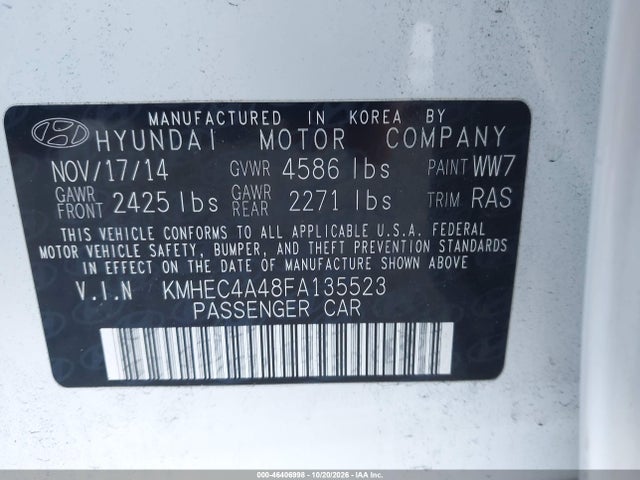 46406998 :رقم المزاد ، KMHEC4A48FA135523 vin ، 2015 Hyundai Sonata Hybrid Limited مزاد بيع
