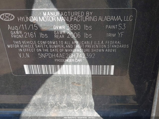 Aukcja sprzedaży 2016 Hyundai Elantra Se, vin: 5NPDH4AE2GH742392, numer aukcji: 46407073