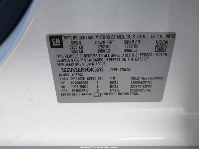 Aukcja sprzedaży 2015 Chevrolet Silverado 1500 2lz, vin: 3GCUKSEJ5FG409513, numer aukcji: 46407079