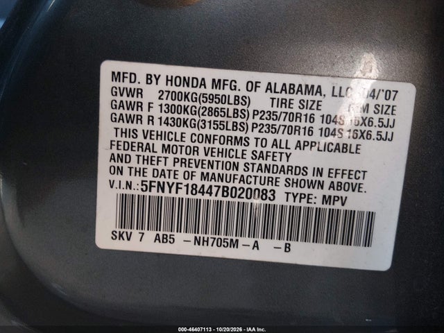 Продаж на аукціоні авто 2007 Honda Pilot Ex, vin: 5FNYF18447B020083, номер лоту: 46407113