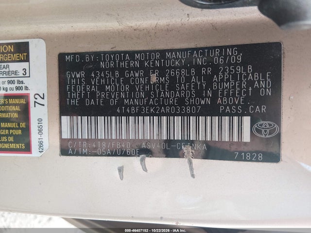 46407152 :رقم المزاد ، 4T4BF3EK2AR033807 vin ، 2010 Toyota Camry Le مزاد بيع