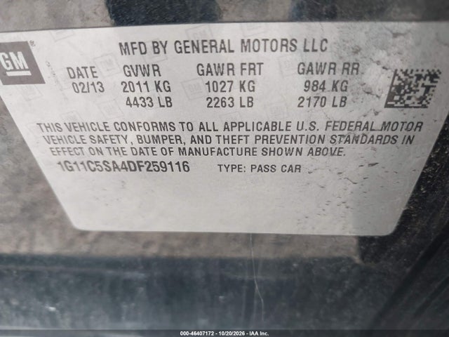 46407172 :رقم المزاد ، 1G11C5SA4DF259116 vin ، 2013 Chevrolet Malibu 1lt مزاد بيع