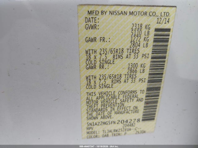 Продаж на аукціоні авто 2015 Nissan Murano Sl, vin: 5N1AZ2MG5FN204278, номер лоту: 46407247