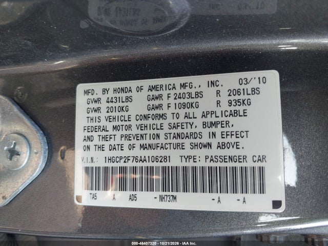 Aukcja sprzedaży 2010 Honda Accord 2.4 Ex, vin: 1HGCP2F76AA106281, numer aukcji: 46407320