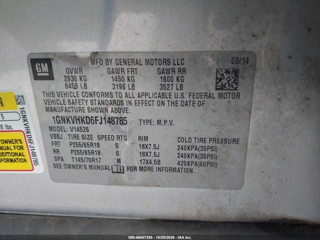 Aukcja sprzedaży 2015 Chevrolet Traverse 2lt, vin: 1GNKVHKD6FJ148785, numer aukcji: 46407355