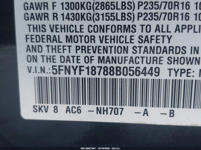 Aukcja sprzedaży 2008 Honda Pilot Ex-l, vin: 5FNYF18788B056449, numer aukcji: 46407491