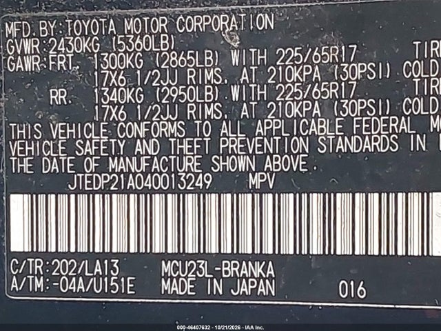 Продажа на аукционе авто 2004 Toyota Highlander Limited V6, vin: JTEDP21A040013249, номер лота: 46407632