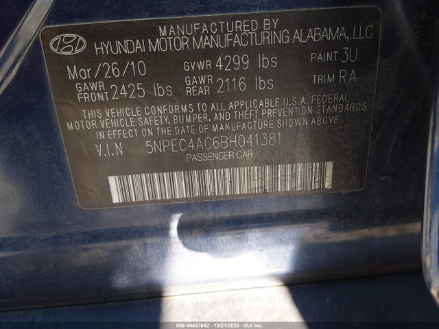 Aukcja sprzedaży 2011 Hyundai Sonata Se, vin: 5NPEC4AC6BH041381, numer aukcji: 46407642