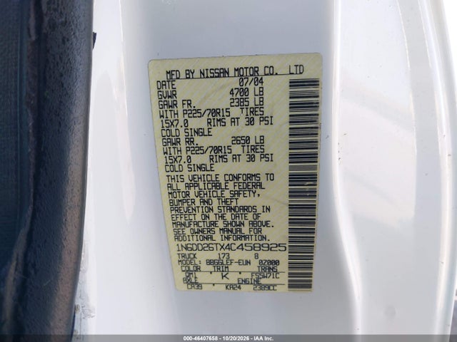 Продажа на аукционе авто 2004 Nissan Frontier Xe, vin: 1N6DD26TX4C458925, номер лота: 46407658